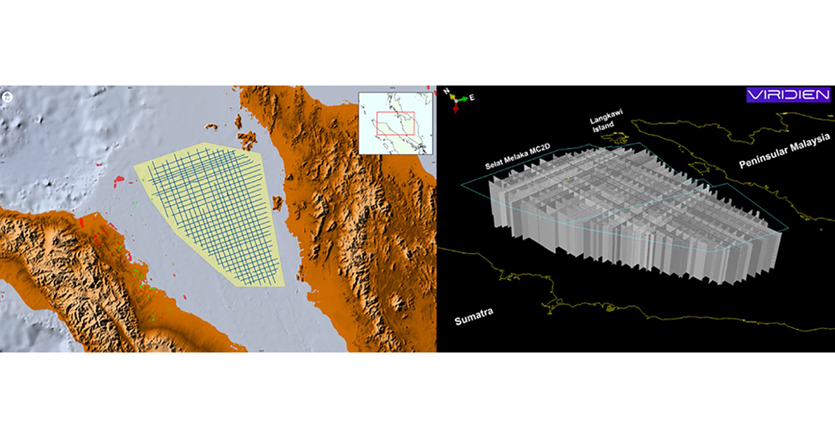 Map showing the Langkasuka Integrated Basin Study covering approximately 38,000 sq km of underexplored offshore area (left) with newly identified Paleozoic prospectivity potential derived from integration and interpretation of the Selat Melaka 2D (right), Multiphysics data and onshore mapping. (Image credit: Viridien Earth Data)